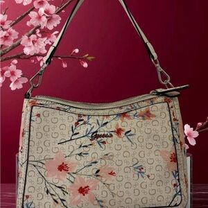 Guess Cream Floral Shoulder Bag with Pink & Coral Accents